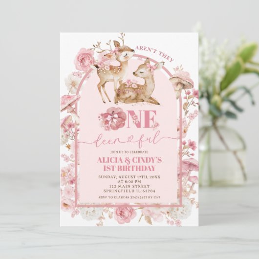 秋ホワイトとピンクオンダーフルツインズ誕生日 招待状 (スタンド正面)