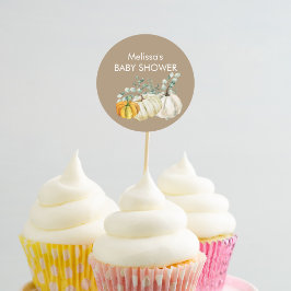 秋ホワイトオレンジカボチャの緑のカップケーキトッパー ラウンドシール