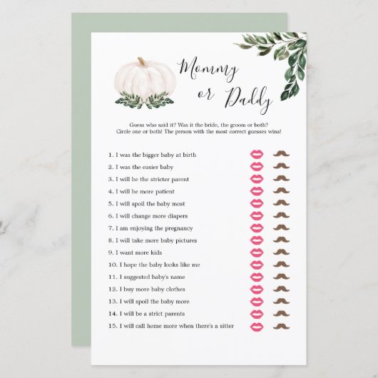 秋ホワイトカボチャのママまたはパパのゲームカード (正面/裏面)