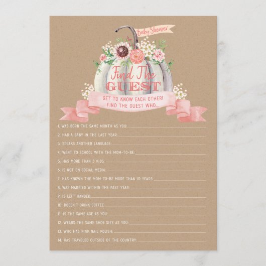 秋ホワイトカボチャ赤ちゃんシャワーゲストゲームを見つける メニュー (正面)