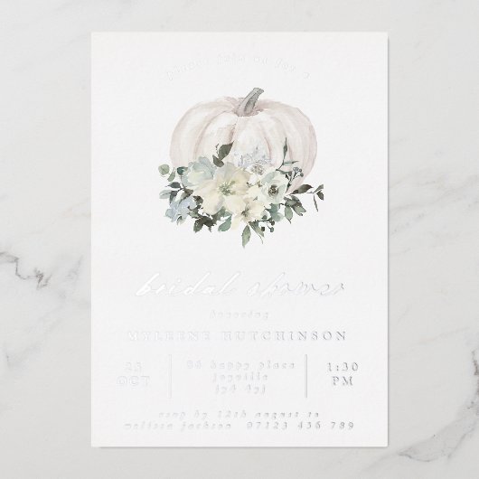 秋ホワイトパンプキンアンドフラワーズブライダルシャワー 箔招待状 (正面)