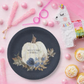 秋ホワイトパンプキンネイビーダスティブルーブラウンの葉 ペーパープレート (パーティー)