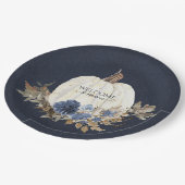 秋ホワイトパンプキンネイビーダスティブルーブラウンの葉 ペーパープレート (アングル)