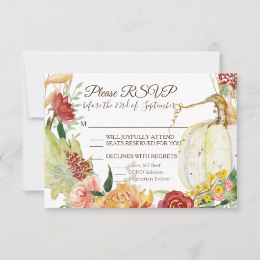 秋ホワイトパンプキンフローラブルグンディ結婚リースズ 出欠カード (正面)