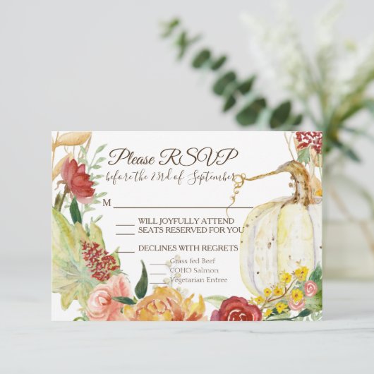 秋ホワイトパンプキンフローラブルグンディ結婚リースズ 出欠カード (スタンド正面)