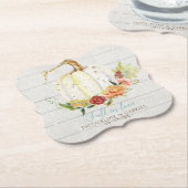 秋ホワイトパンプキンレッドフローラ秋の木材結婚ズ ペーパーコースター (アングル)