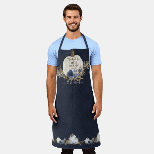 秋ホワイトパンプキ素朴ン離れズネイビーブルーフローラ エプロン (着用した状態)