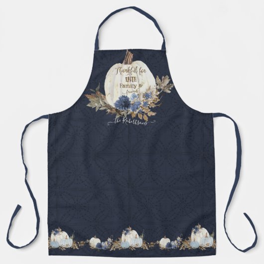 秋ホワイトパンプキ素朴ン離れズネイビーブルーフローラ エプロン (正面)
