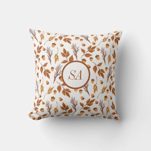 秋ホームデコール紅葉アコーンブラウンホワイト クッション (正面)