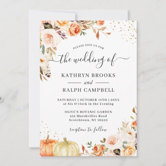 秋ボヘミアフローラ金ゴールド紙吹雪秋の結婚式 招待状 (正面)