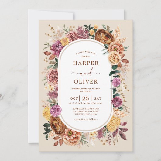 秋ボホテラコッタパープル結婚フローラ 招待状 (正面)