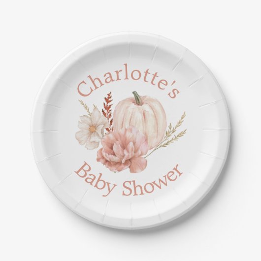 秋ボホパンプキンウォーターカラーフローラベビーシャワー ペーパープレート (正面)