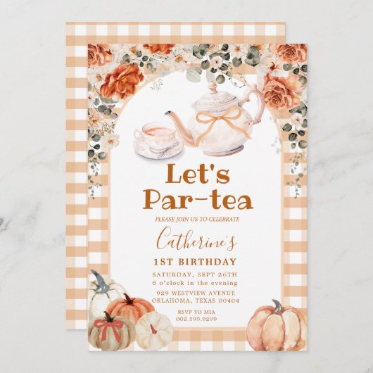 秋ボホパンプキンパー茶誕生日ギンガム 招待状 (正面/裏面)