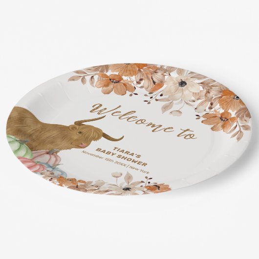 秋ボホフローラハイランドカウベイビーシャワーウェルカム ペーパープレート (アングル)