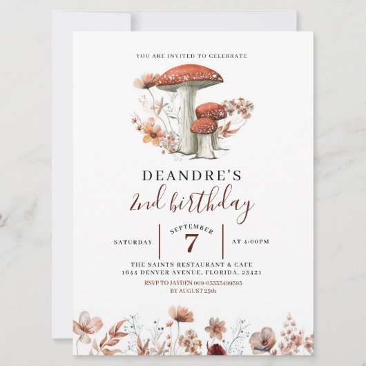 秋ボホマッシュルームファースト誕生日招待状 招待状 (正面)