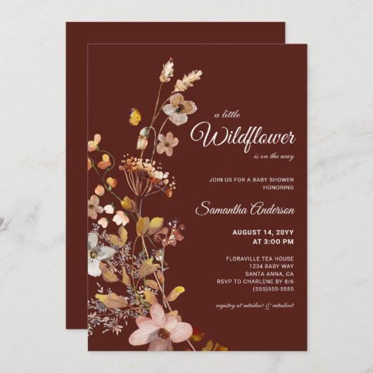 秋ボホワイルドフラワーバーガンディーベビーシャワー 招待状 (正面/裏面)