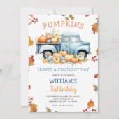 秋ボーイパンプキンダスティブルートラックの誕生日の秋 招待状 (正面)