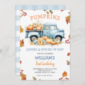 秋ボーイパンプキンダスティブルートラックの誕生日の秋 招待状 (正面/裏面)