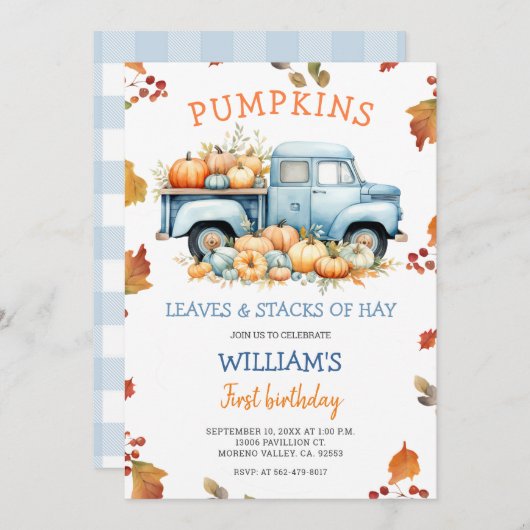 秋ボーイパンプキンダスティブルートラックの誕生日の秋 招待状 (正面/裏面)