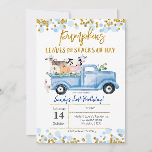 秋ボーイファームブルーパンプキントラック誕生日 招待状 (正面)
