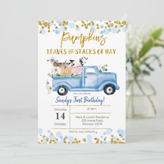 秋ボーイファームブルーパンプキントラック誕生日 招待状 (スタンド正面)