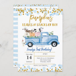 秋ボーイファームブルーパンプキントラック誕生日 招待状