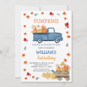 秋ボーイ最初の小さな海軍ブルートラックの誕生日 招待状 (正面)