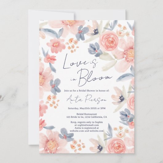 秋ボーフローラピンクブルーエレガントブライダルシャワー 招待状 (正面)