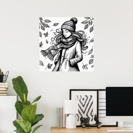 秋ポスターガールカラーリングページ ポスター (ホームオフィス)