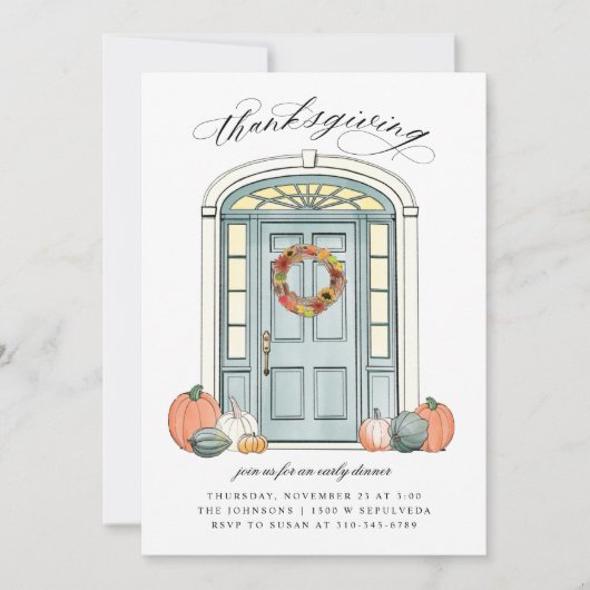 秋ポーチフロントドアサンクスギビングディナー 招待状 (正面)