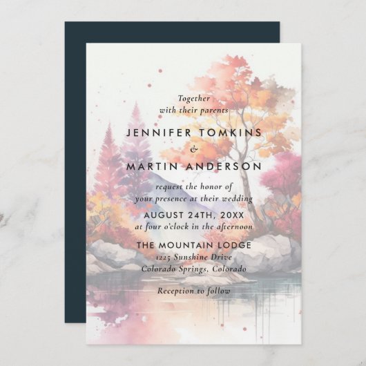 秋マウンテンレイクツリーズウォーター結婚カラー 招待状 (正面/裏面)