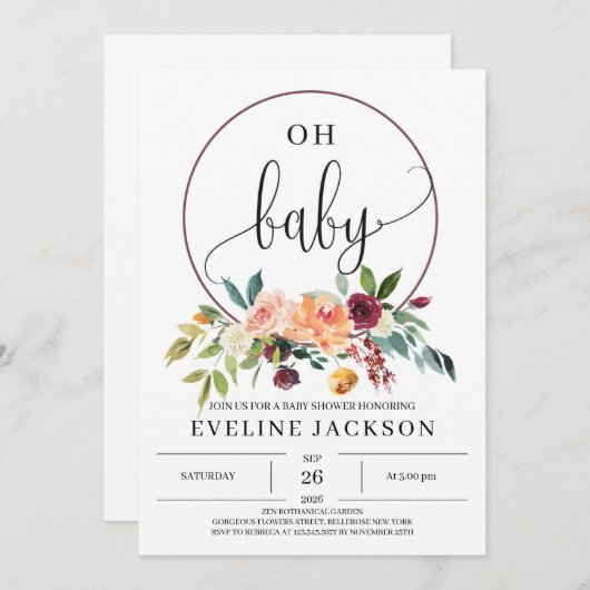 秋マリゴールドフローラ赤リース赤ちゃんシャワー招待状 招待状 (正面/裏面)