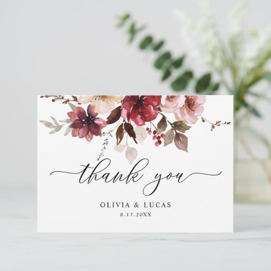 秋マルーンフローラほこりっぽいピンクブルゴーニュ結婚ーズ サンキューカード (スタンド正面)
