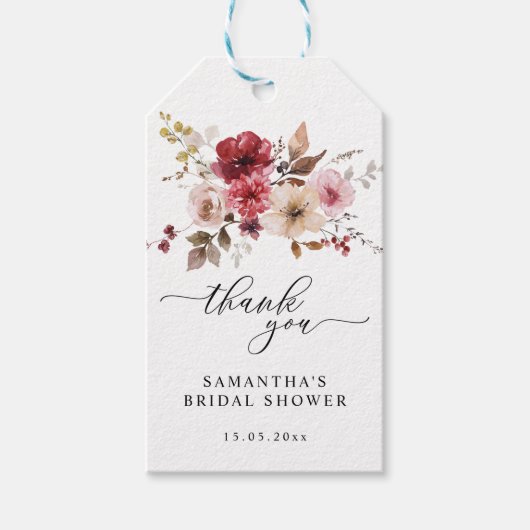 秋マルーンフローラピンクブルゴーニュ結婚式の引き出物 ギフトタグ (正面)