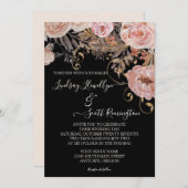 秋ミュート水色フローラバラ結婚金ゴールド 招待状 (正面/裏面)