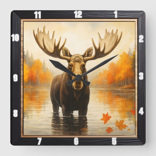 秋ムースフォレストレイク スクエア壁時計 (正面)