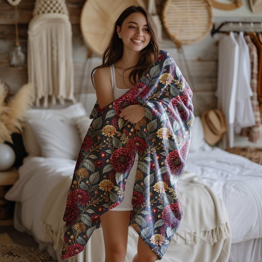 秋ムーディピーニーバーガンディーオンダークグレーフローラ フリースブランケット