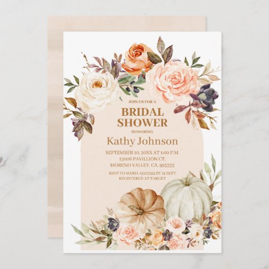 秋モダンアーチパンプキンフローラブライダルシャワー 招待状 (正面/裏面)