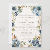 秋モダンフローラウォーターカラーブルーアイボリー結婚ズ 招待状 (正面)