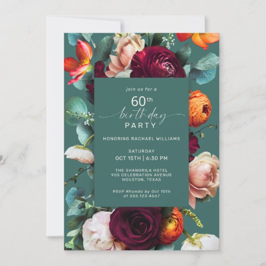 秋モダンフローラティール(緑がかった色)60th誕生日パーティー 招待状 (正面)