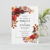 秋モダンブーケレッドローゼスフローラフレーム結婚ズ 招待状 (スタンド正面)