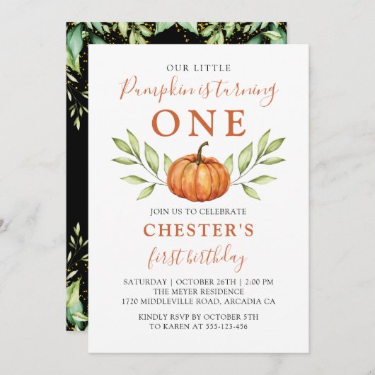 秋モダンリトルカボプキンファースト誕生日 招待状 (正面/裏面)