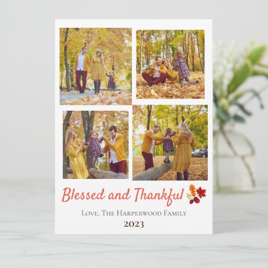秋モダン感謝祭ファミリー写真コラージュ シーズンカード (スタンド正面)