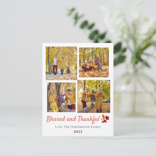 秋モダン感謝祭ファミリー写真コラージュ シーズンポストカード (スタンド正面)