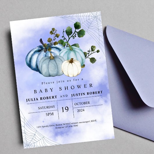 秋モダン秋のブルーパンプキンボーイズシャワー 招待状