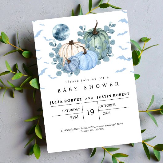 秋モダン秋のブルーパンプキンボーイズシャワー 招待状