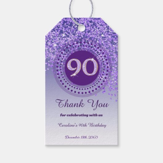 秋モダン紫グリッター90誕生日 ギフトタグ (正面)
