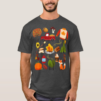 秋ラバーコラージュ葉パンプキンキャンプファイア Tシャツ