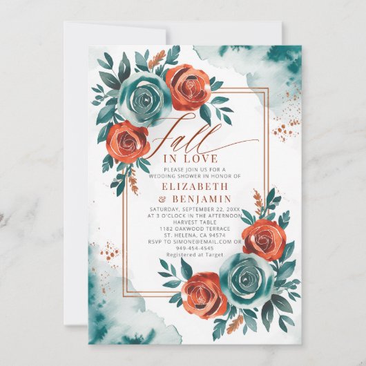 秋ラブティール（緑がかった色）オレンジフレ結婚ームブライダルシャワー 招待状 (正面)
