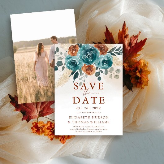 秋ラブティール（緑がかった色）焼けオレンジの結婚式の日付を保存 セーブザデート